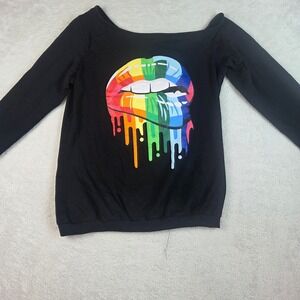 MAGICMK Womens Rainbow Dripping Lips Sweatshirt Black Off Shoulder Long Sleeve S